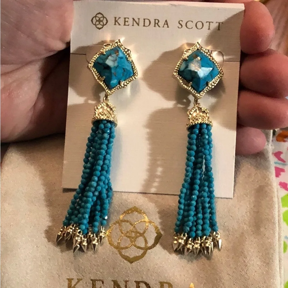 Kendra Scott Blossom Statement Tassel Dangle Earrings in Gold and turquoise - Picture 1 of 5
